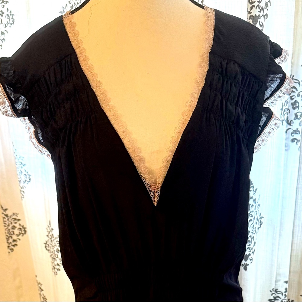 Betsey Johnson black maxi dress pink lace trim size 12